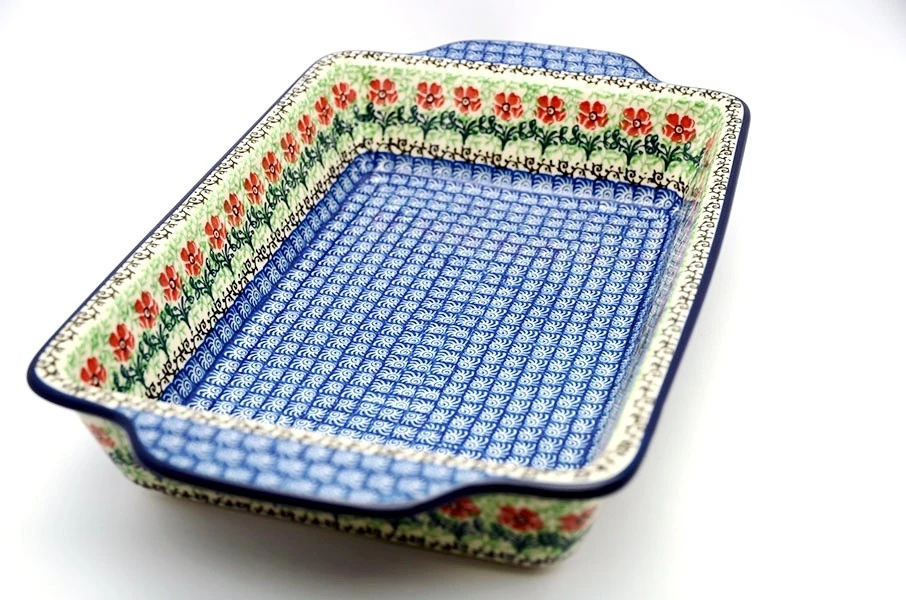 Polish Pottery Baker - Rectangular With Tab Handles - 7 Cups - Maraschino