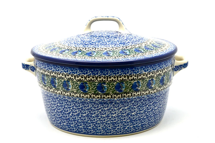 Polish Pottery Baker - Round Covered Casserole - Peacock Feather 3 Polish Pottery Baker - Round Covered Casserole - Peacock Feather