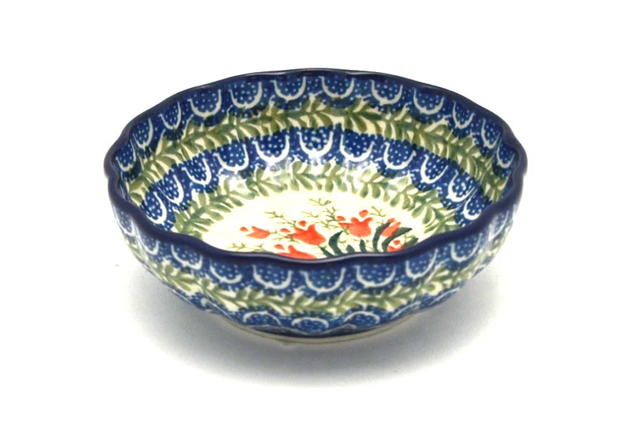 Polish Pottery Bowl - Shallow Scalloped - Small - Crimson Bells