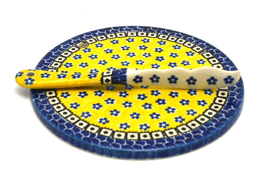 Polish Pottery Cheese Board & Spreader Set - Sunburst
