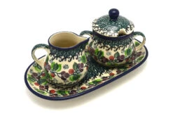 Polish Pottery Cream & Sugar Set - Burgundy Berry Green