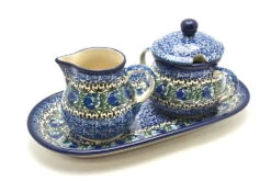 Polish Pottery Cream & Sugar Set - Peacock Feather
