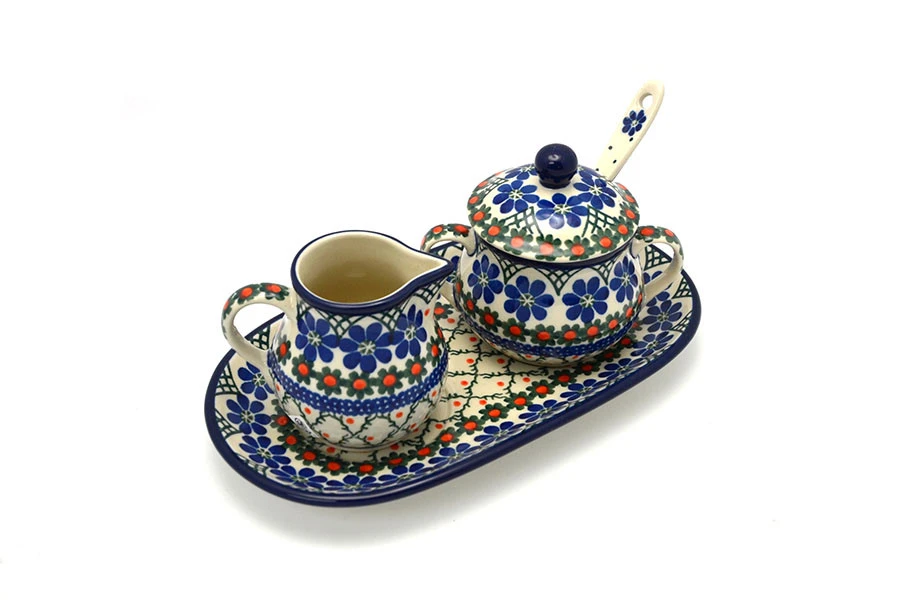 Polish Pottery Cream & Sugar Set With Sugar Spoon - Primrose