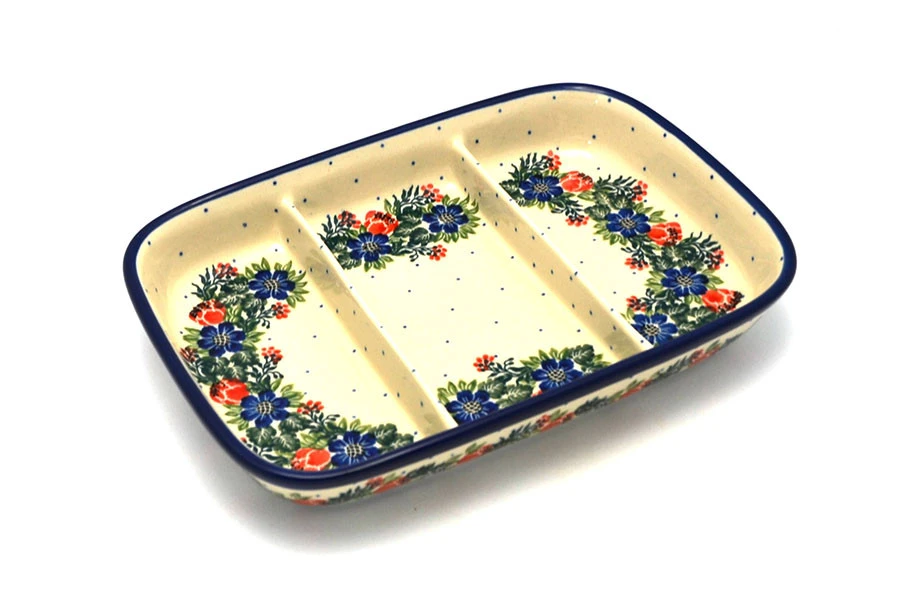 Polish Pottery Dish - Divided Rectangular - Garden Party 3 Polish Pottery Dish - Divided Rectangular - Garden Party