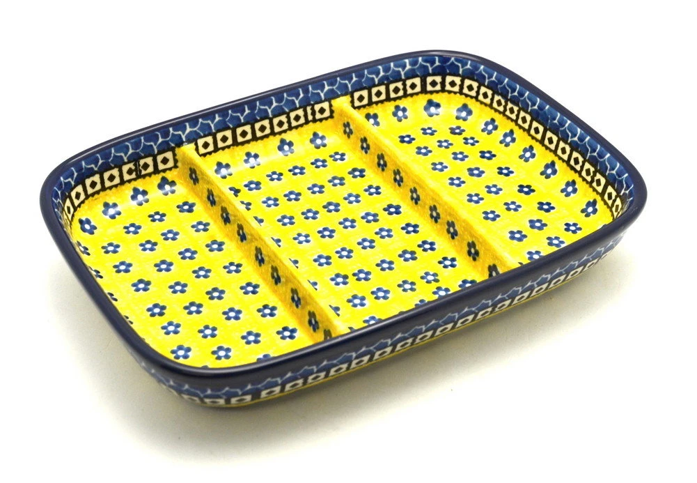 Polish Pottery Dish - Divided Rectangular - Sunburst 3 Polish Pottery Dish - Divided Rectangular - Sunburst