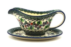 Polish Pottery Gravy Boat - Burgundy Berry Green