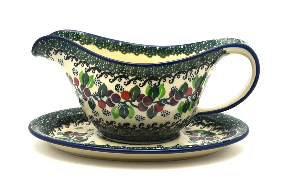 Polish Pottery Gravy Boat - Burgundy Berry Green 3 Polish Pottery Gravy Boat - Burgundy Berry Green